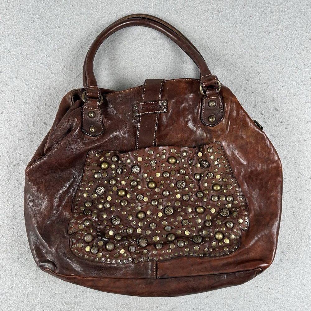 Campomaggi Brown Leather Studded Tote Shoulder Bag Large Hobo Italy